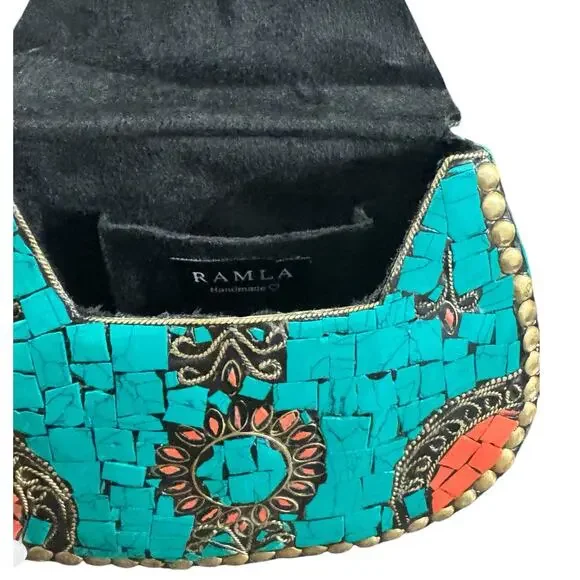 Ramla Handmade Moroccan Turquoise Tile Mosaic Clutch Crossbody with Gold Chain - Picture 6 of 9